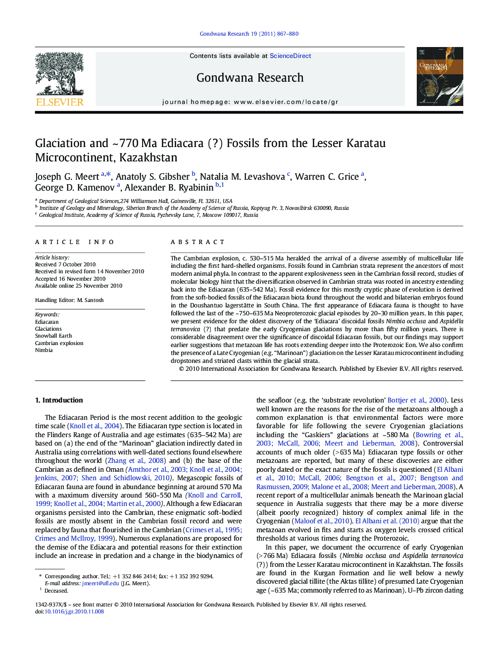 Glaciation and ~ 770 Ma Ediacara (?) Fossils from the Lesser Karatau Microcontinent, Kazakhstan