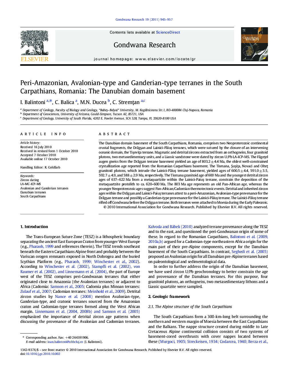 Peri-Amazonian, Avalonian-type and Ganderian-type terranes in the South Carpathians, Romania: The Danubian domain basement