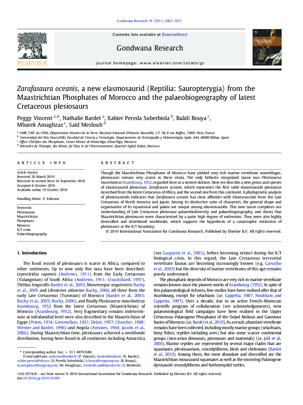 Zarafasaura oceanis, a new elasmosaurid (Reptilia: Sauropterygia) from the Maastrichtian Phosphates of Morocco and the palaeobiogeography of latest Cretaceous plesiosaurs