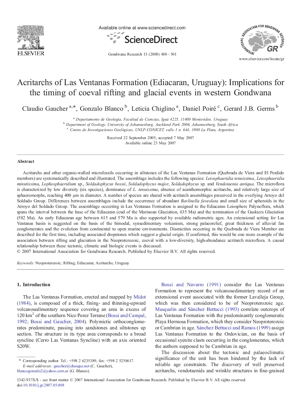 Acritarchs of Las Ventanas Formation (Ediacaran, Uruguay): Implications for the timing of coeval rifting and glacial events in western Gondwana