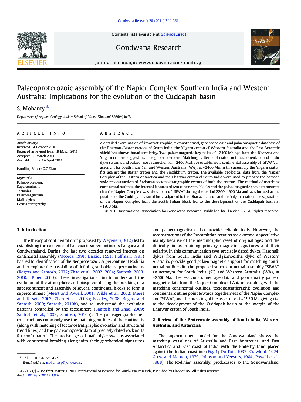 Palaeoproterozoic assembly of the Napier Complex, Southern India and Western Australia: Implications for the evolution of the Cuddapah basin