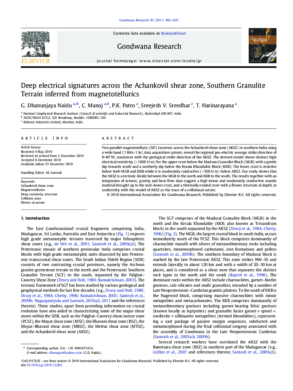 Deep electrical signatures across the Achankovil shear zone, Southern Granulite Terrain inferred from magnetotellurics