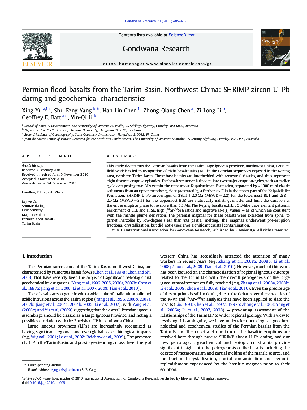 Permian flood basalts from the Tarim Basin, Northwest China: SHRIMP zircon U–Pb dating and geochemical characteristics