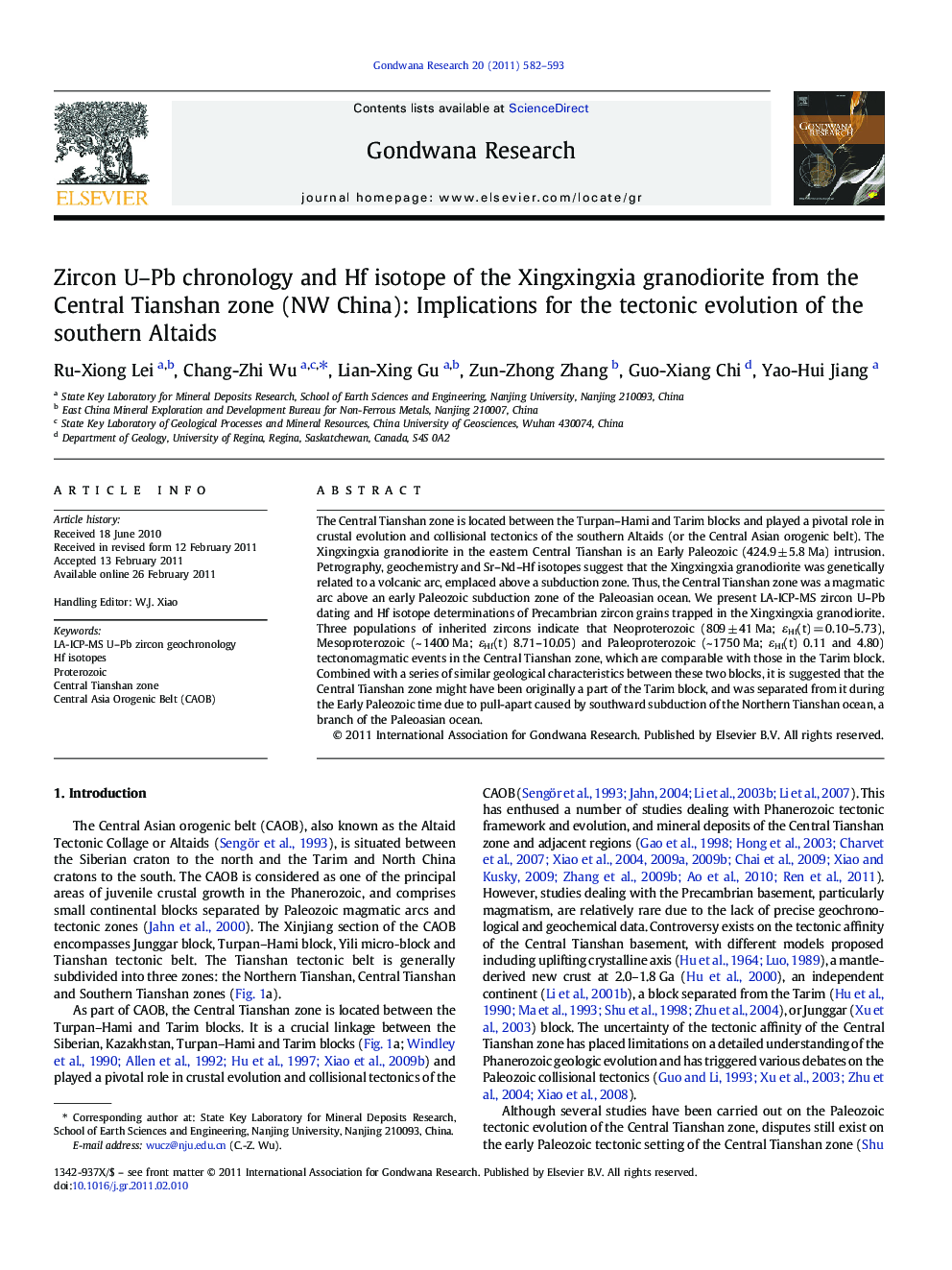 Zircon U–Pb chronology and Hf isotope of the Xingxingxia granodiorite from the Central Tianshan zone (NW China): Implications for the tectonic evolution of the southern Altaids