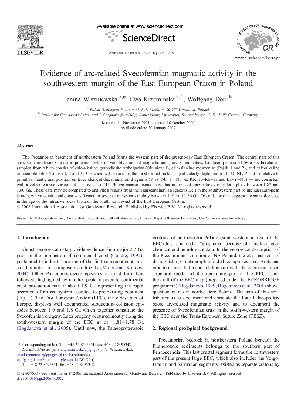 Evidence of arc-related Svecofennian magmatic activity in the southwestern margin of the East European Craton in Poland