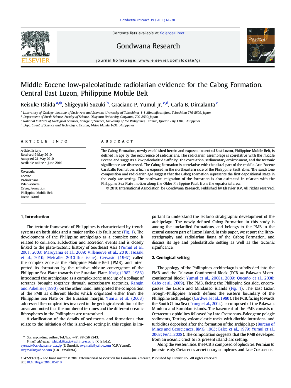 Middle Eocene low-paleolatitude radiolarian evidence for the Cabog Formation, Central East Luzon, Philippine Mobile Belt