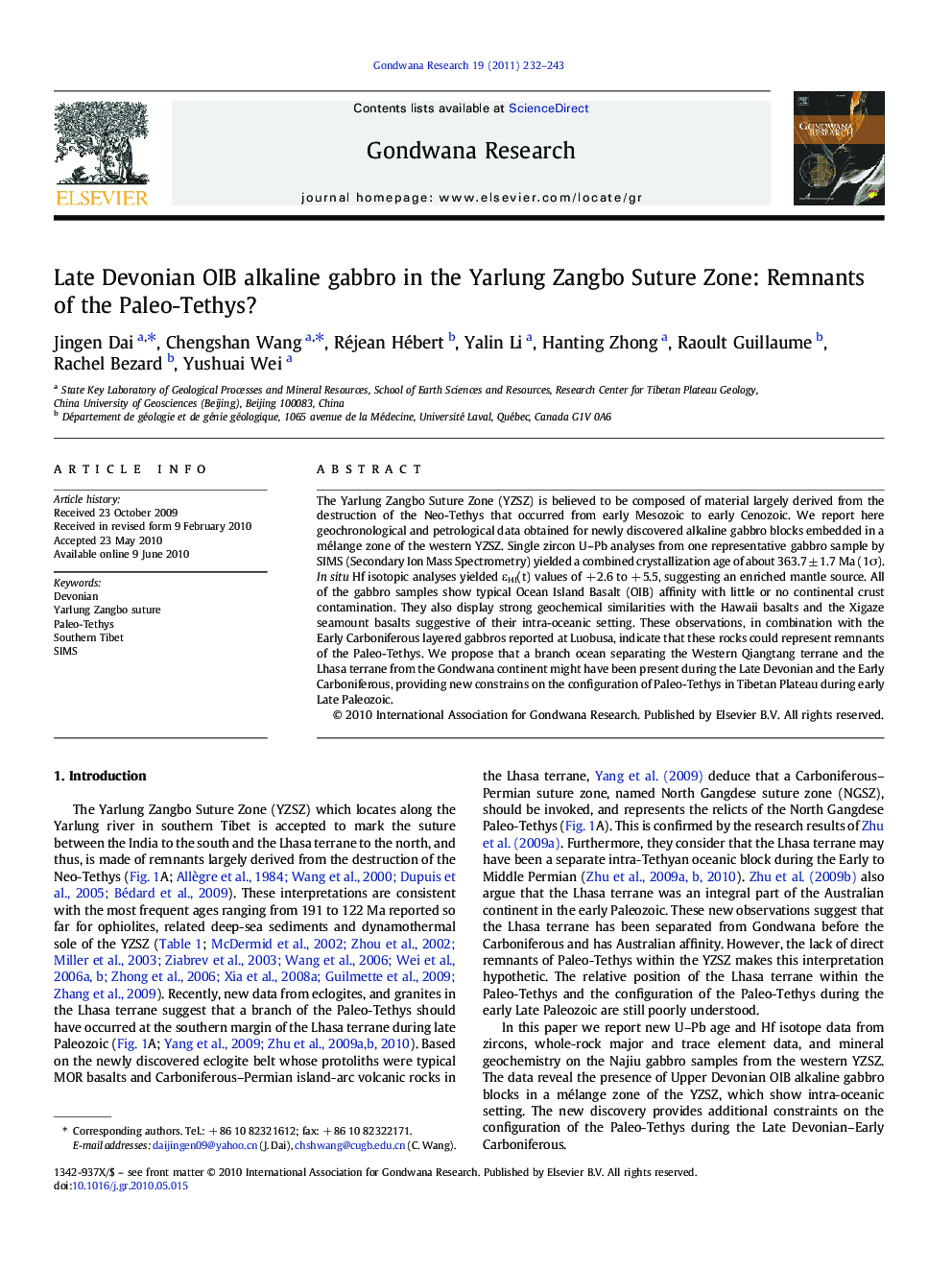 Late Devonian OIB alkaline gabbro in the Yarlung Zangbo Suture Zone: Remnants of the Paleo-Tethys?