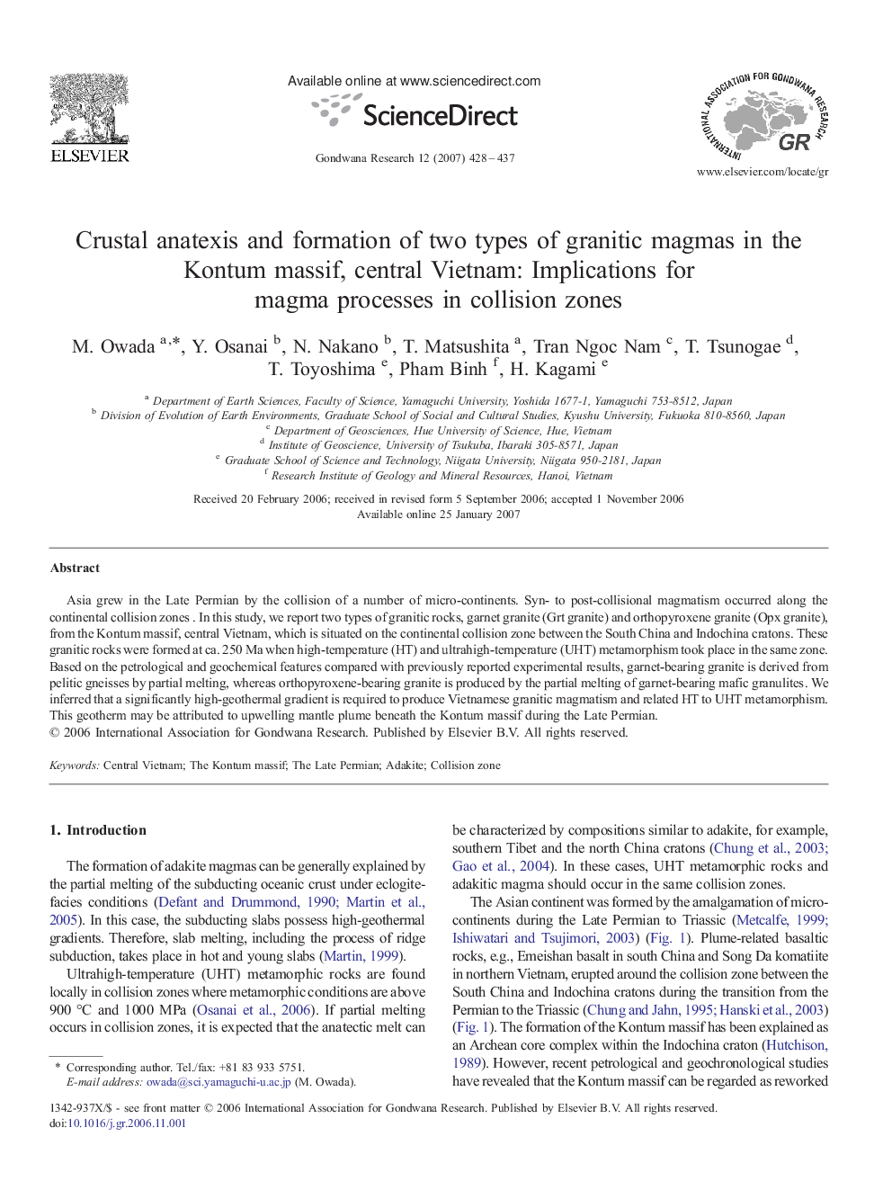 Crustal anatexis and formation of two types of granitic magmas in the Kontum massif, central Vietnam: Implications for magma processes in collision zones