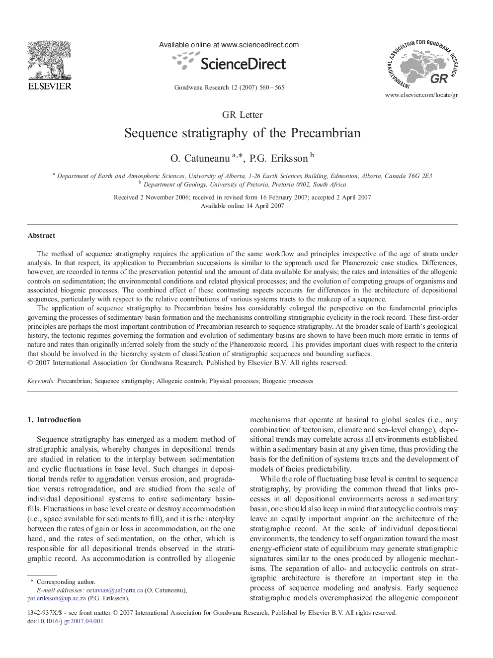 Sequence stratigraphy of the Precambrian