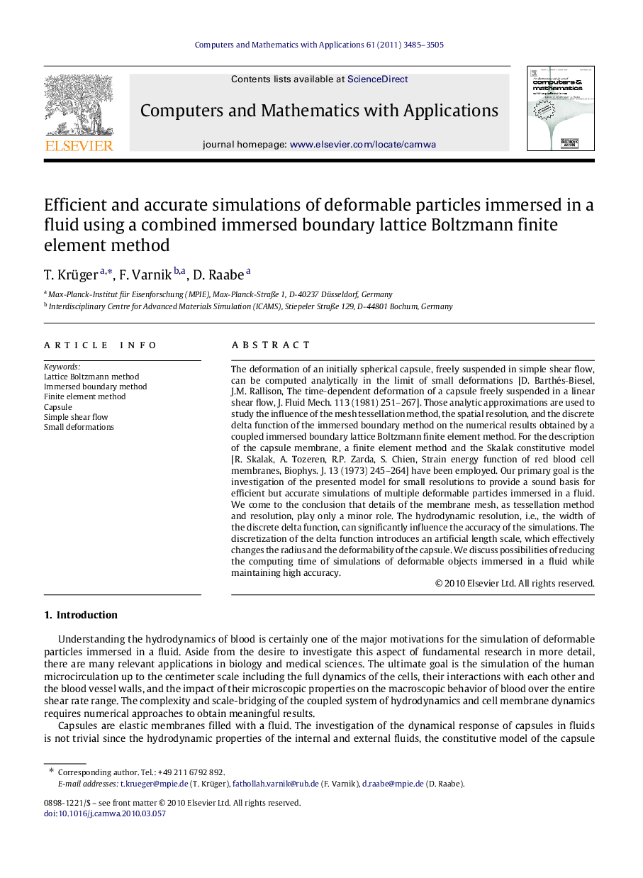 عکس صفحه اول مقاله: Efficient and accurate simulations of deformable particles immersed in a fluid using a combined immersed boundary lattice Boltzmann finite element method Efficient and accurate simulations of deformable particles immersed in a fluid using a combined immersed boundary lattice Boltzmann finite element method