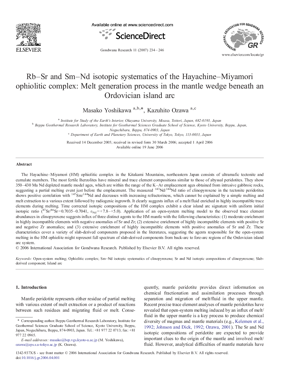 عکس صفحه اول مقاله: Rb–Sr and Sm–Nd isotopic systematics of the Hayachine–Miyamori ophiolitic complex: Melt generation process in the mantle wedge beneath an Ordovician island arc Rb–Sr and Sm–Nd isotopic systematics of the Hayachine–Miyamori ophiolitic complex: Melt generation process in the mantle wedge beneath an Ordovician island arc