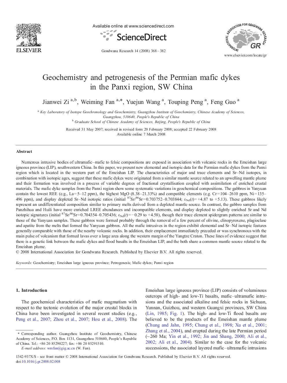 Geochemistry and petrogenesis of the Permian mafic dykes in the Panxi region, SW China