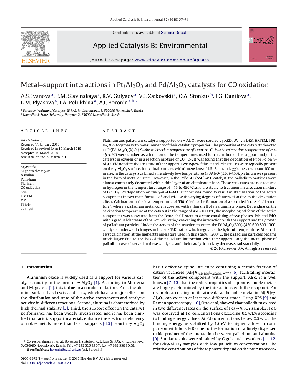 عکس صفحه اول مقاله: Metal–support interactions in Pt/Al2O3 and Pd/Al2O3 catalysts for CO oxidation Metal–support interactions in Pt/Al2O3 and Pd/Al2O3 catalysts for CO oxidation