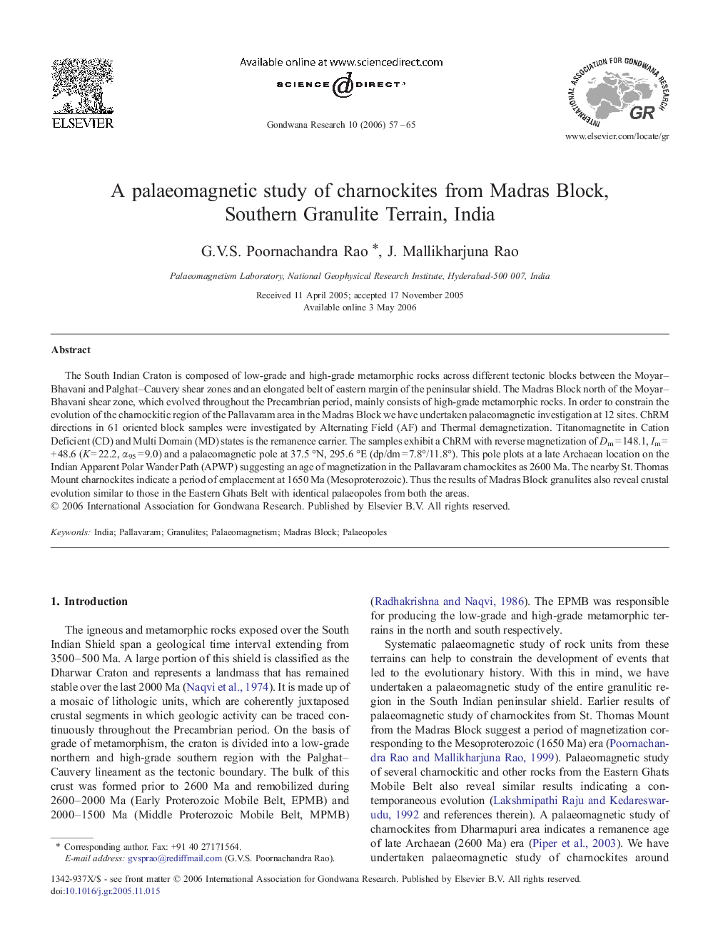 A palaeomagnetic study of charnockites from Madras Block, Southern Granulite Terrain, India