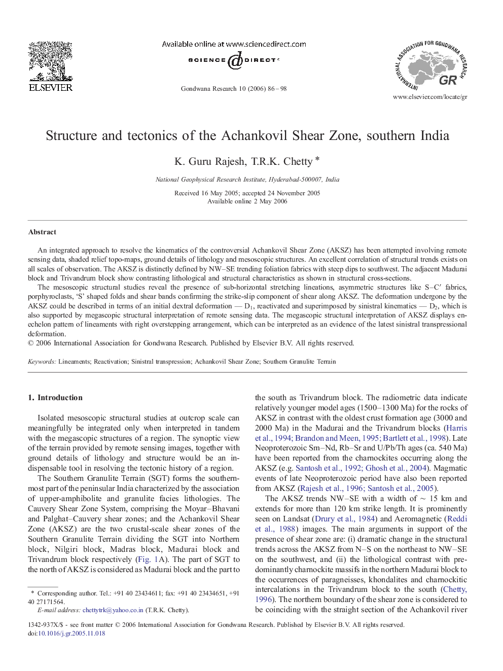 Structure and tectonics of the Achankovil Shear Zone, southern India