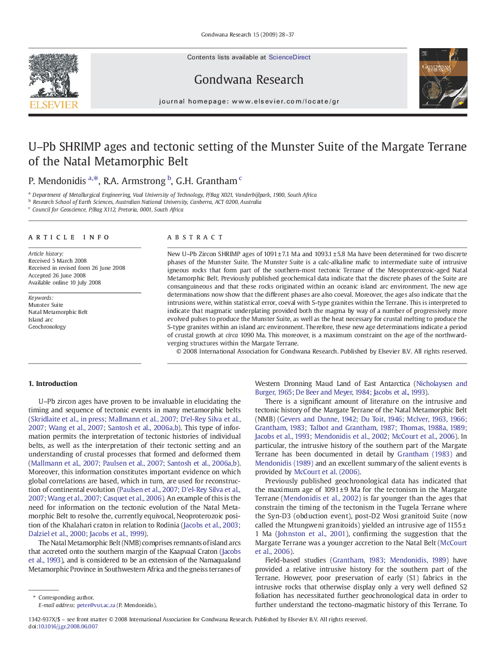 U-Pb SHRIMP ages and tectonic setting of the Munster Suite of the Margate Terrane of the Natal Metamorphic Belt