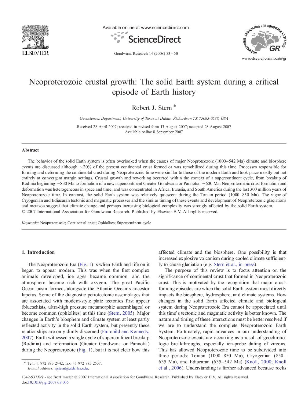 Neoproterozoic crustal growth: The solid Earth system during a critical episode of Earth history