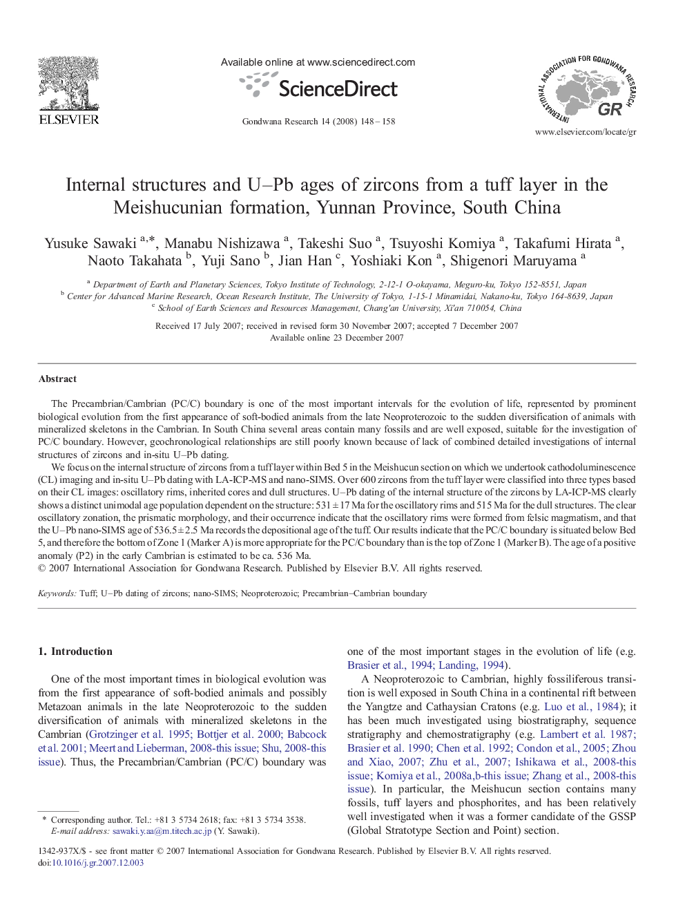 Internal structures and U–Pb ages of zircons from a tuff layer in the Meishucunian formation, Yunnan Province, South China