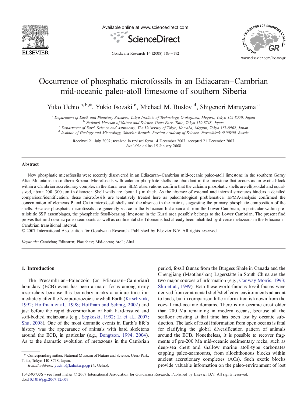 Occurrence of phosphatic microfossils in an Ediacaran–Cambrian mid-oceanic paleo-atoll limestone of southern Siberia