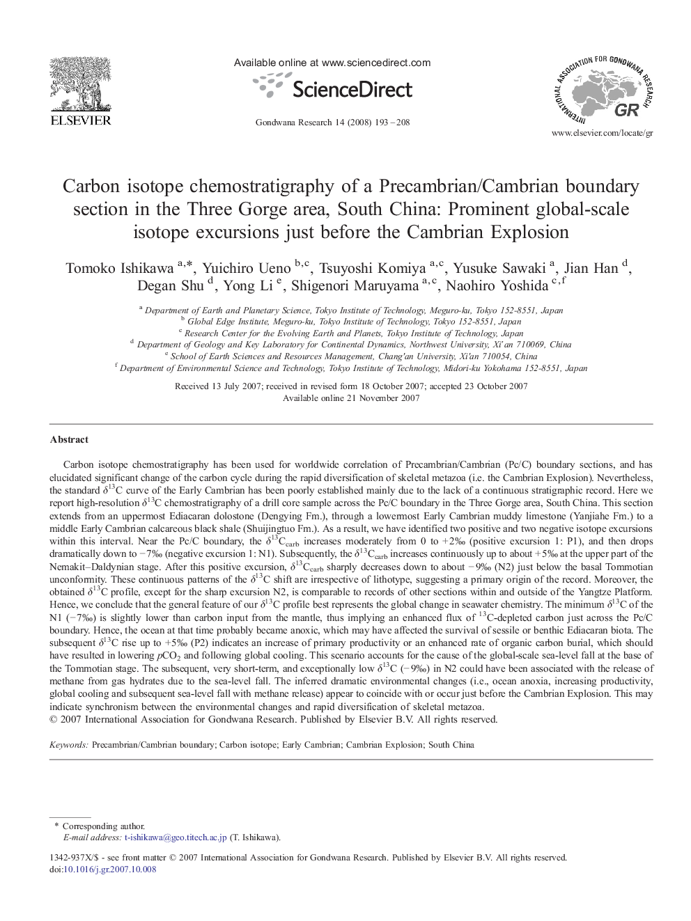 Carbon isotope chemostratigraphy of a Precambrian/Cambrian boundary section in the Three Gorge area, South China: Prominent global-scale isotope excursions just before the Cambrian Explosion