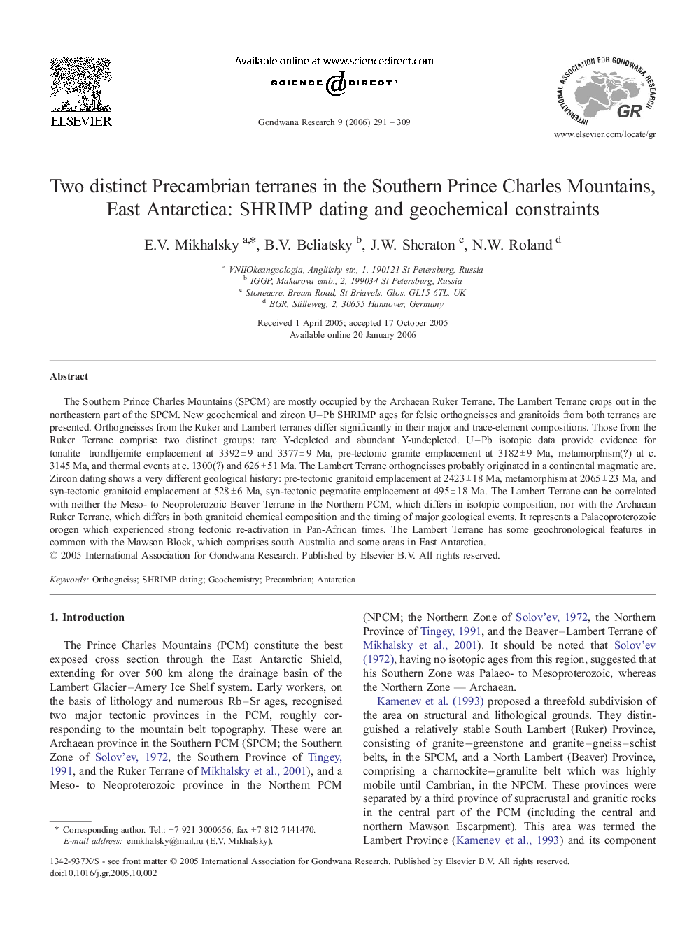 Two distinct Precambrian terranes in the Southern Prince Charles Mountains, East Antarctica: SHRIMP dating and geochemical constraints