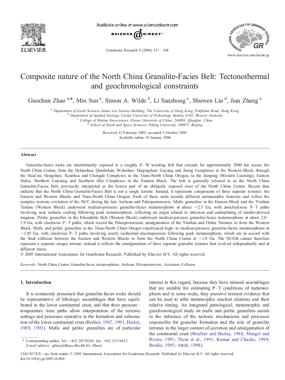 Composite nature of the North China Granulite-Facies Belt: Tectonothermal and geochronological constraints