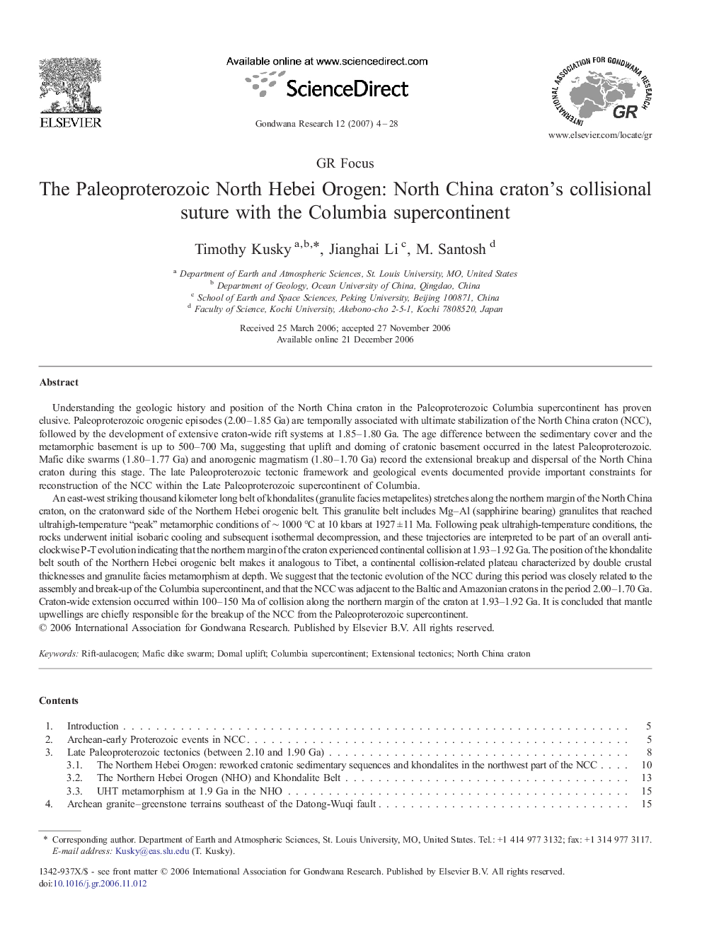 The Paleoproterozoic North Hebei Orogen: North China craton's collisional suture with the Columbia supercontinent