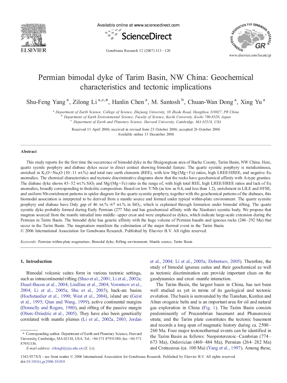 Permian bimodal dyke of Tarim Basin, NW China: Geochemical characteristics and tectonic implications