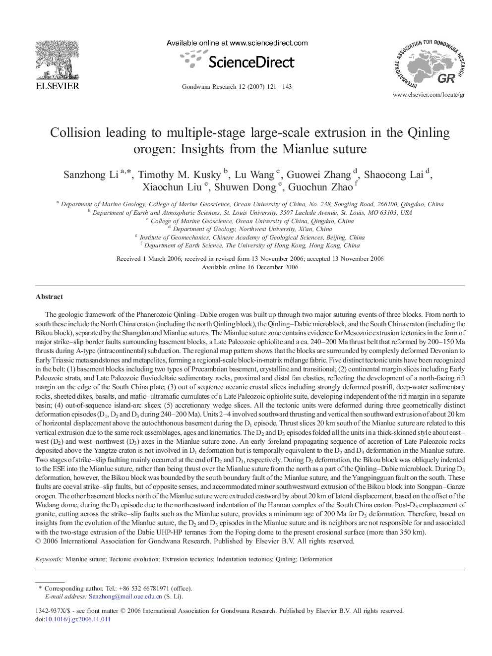 Collision leading to multiple-stage large-scale extrusion in the Qinling orogen: Insights from the Mianlue suture