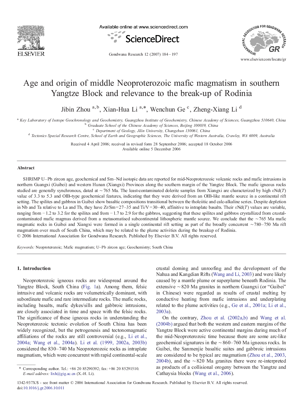 Age and origin of middle Neoproterozoic mafic magmatism in southern Yangtze Block and relevance to the break-up of Rodinia