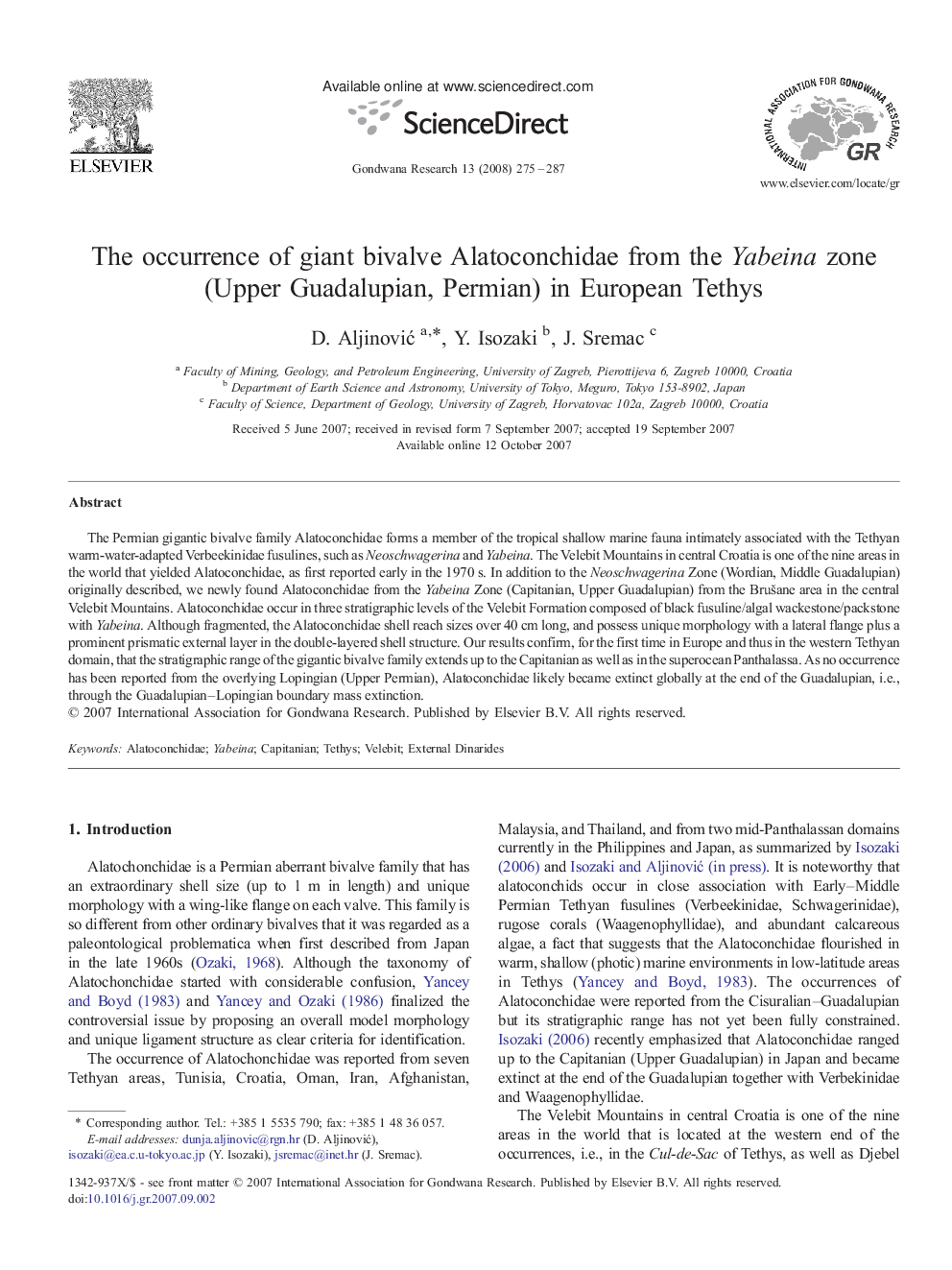 The occurrence of giant bivalve Alatoconchidae from the Yabeina zone (Upper Guadalupian, Permian) in European Tethys