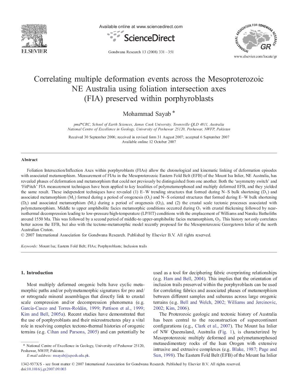 Correlating multiple deformation events across the Mesoproterozoic NE Australia using foliation intersection axes (FIA) preserved within porphyroblasts