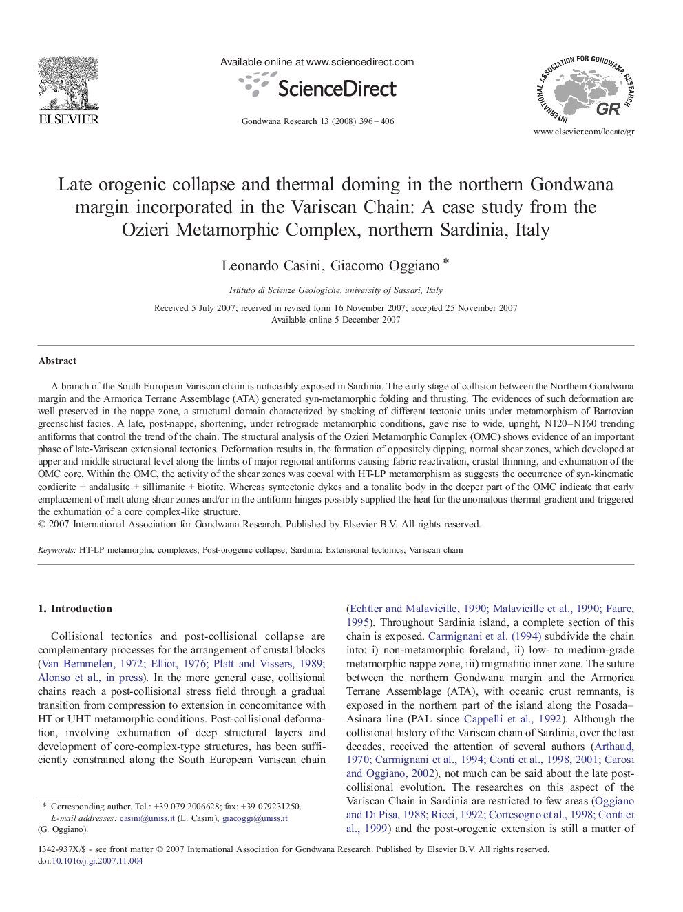 Late orogenic collapse and thermal doming in the northern Gondwana margin incorporated in the Variscan Chain: A case study from the Ozieri Metamorphic Complex, northern Sardinia, Italy