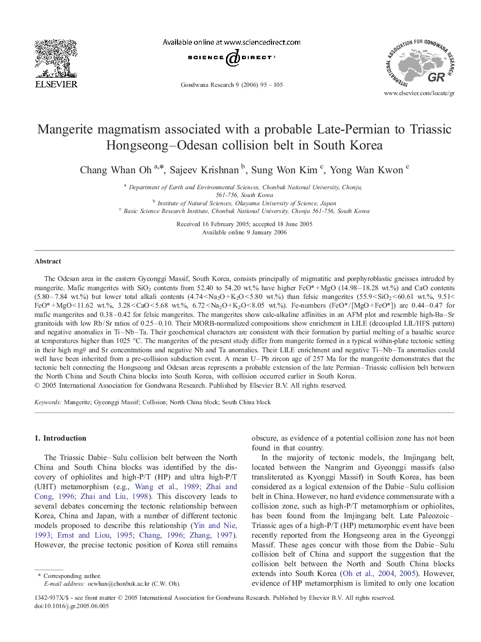 Mangerite magmatism associated with a probable Late-Permian to Triassic Hongseong–Odesan collision belt in South Korea