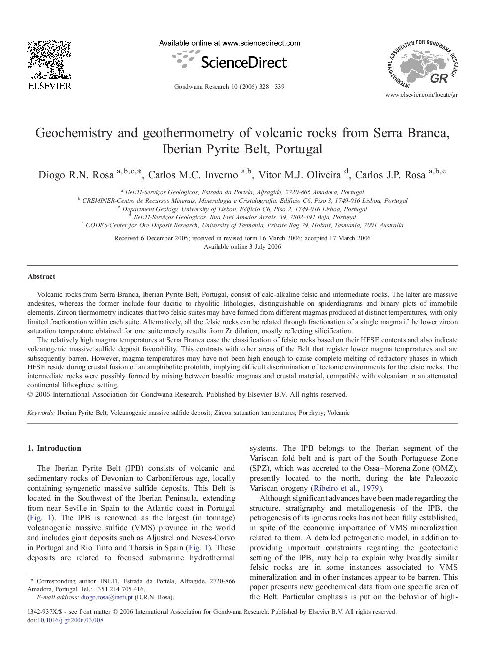 Geochemistry and geothermometry of volcanic rocks from Serra Branca, Iberian Pyrite Belt, Portugal