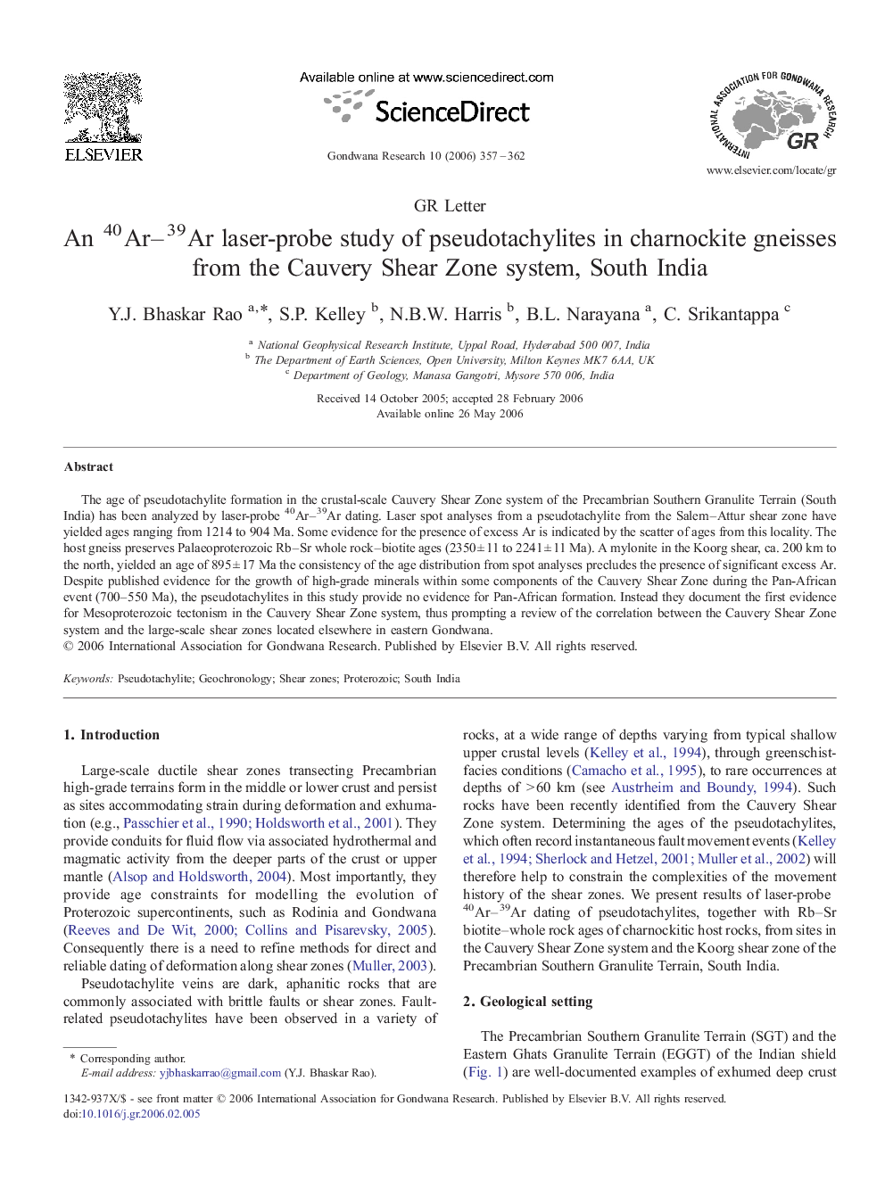 An 40Ar–39Ar laser-probe study of pseudotachylites in charnockite gneisses from the Cauvery Shear Zone system, South India