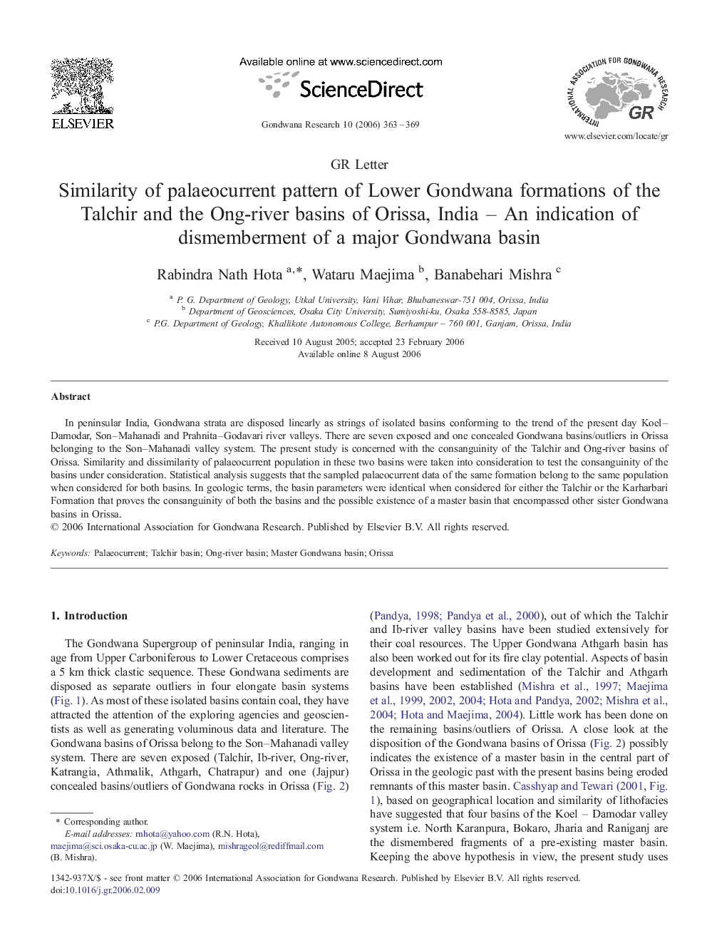 Similarity of palaeocurrent pattern of Lower Gondwana formations of the Talchir and the Ong-river basins of Orissa, India - An indication of dismemberment of a major Gondwana basin