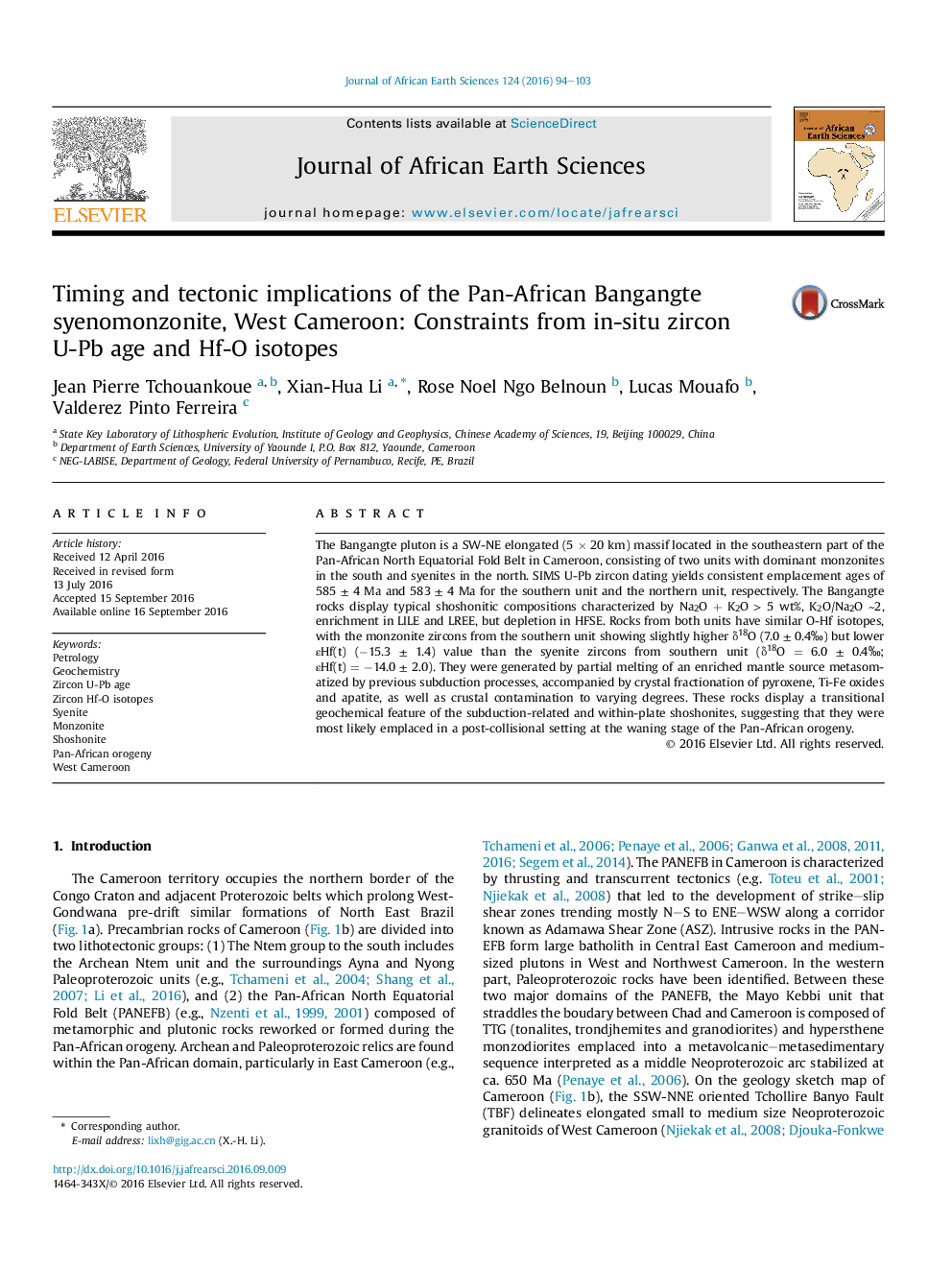 Timing and tectonic implications of the Pan-African Bangangte syenomonzonite, West Cameroon: Constraints from in-situ zircon U-Pb age and Hf-O isotopes