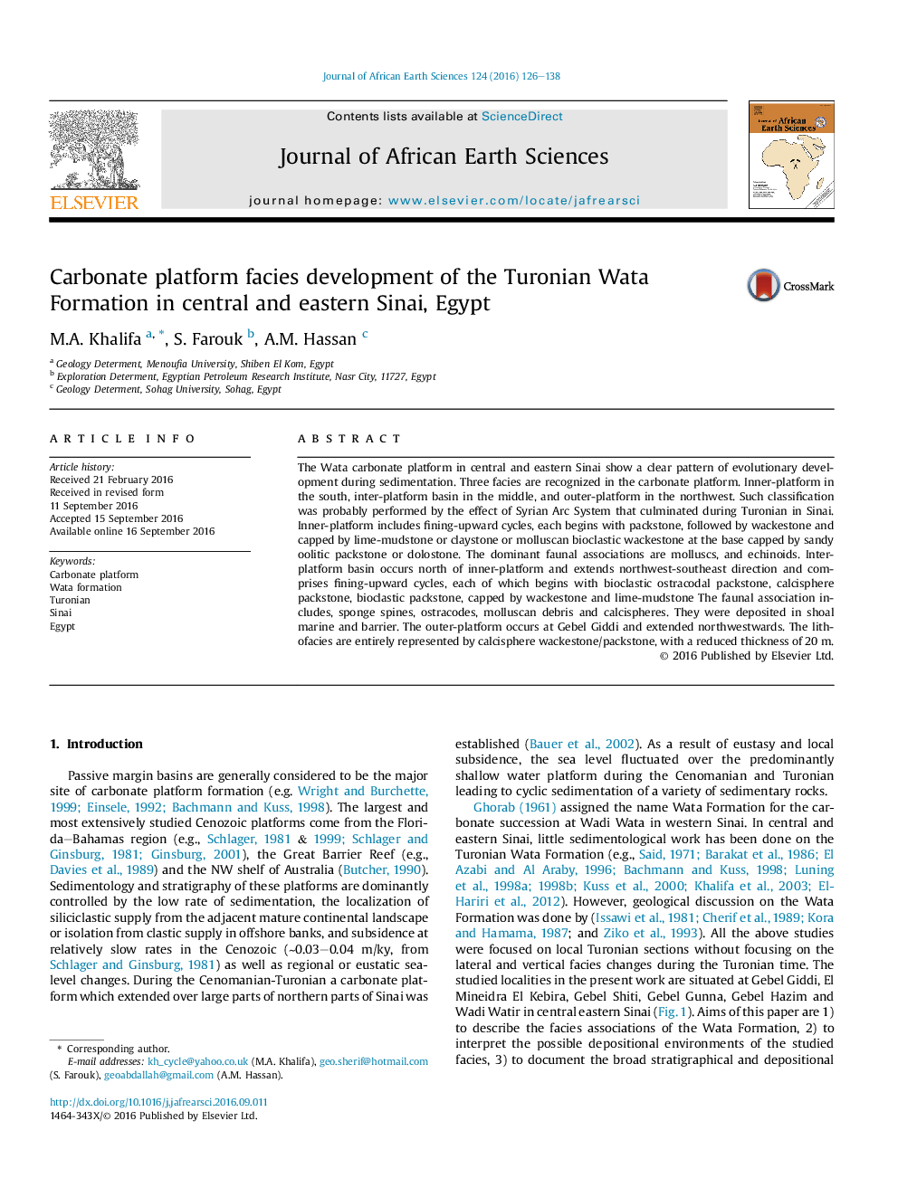 Carbonate platform facies development of the Turonian Wata Formation in central and eastern Sinai, Egypt