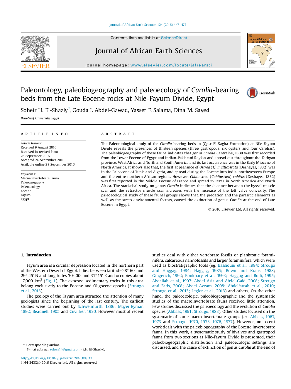 Paleontology, paleobiogeography and paleoecology of Carolia-bearing beds from the Late Eocene rocks at Nile-Fayum Divide, Egypt