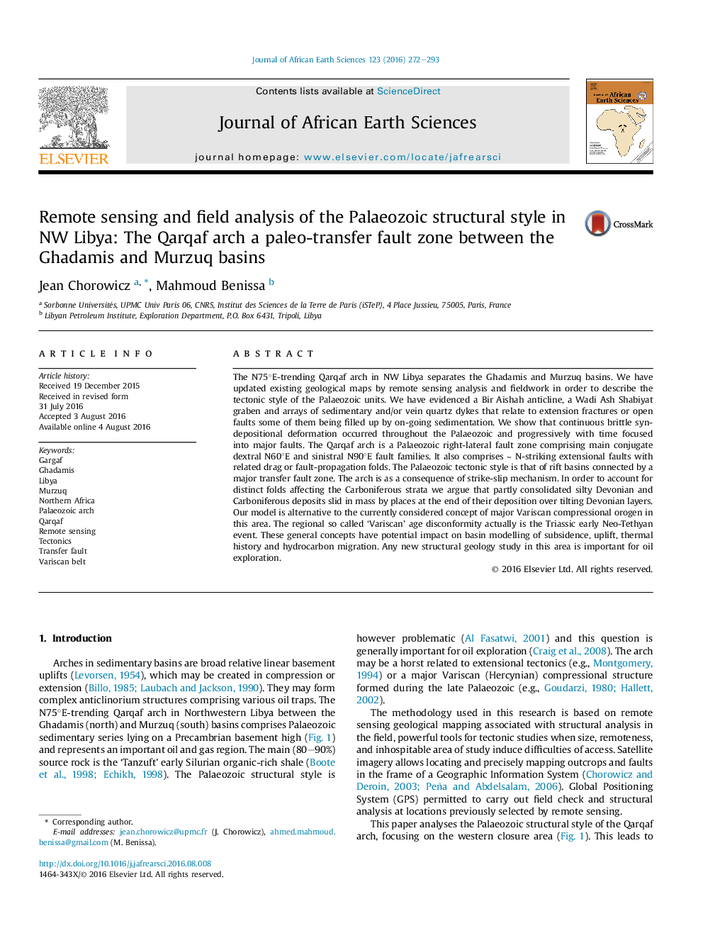 Remote sensing and field analysis of the Palaeozoic structural style in NW Libya: The Qarqaf arch a paleo-transfer fault zone between the Ghadamis and Murzuq basins