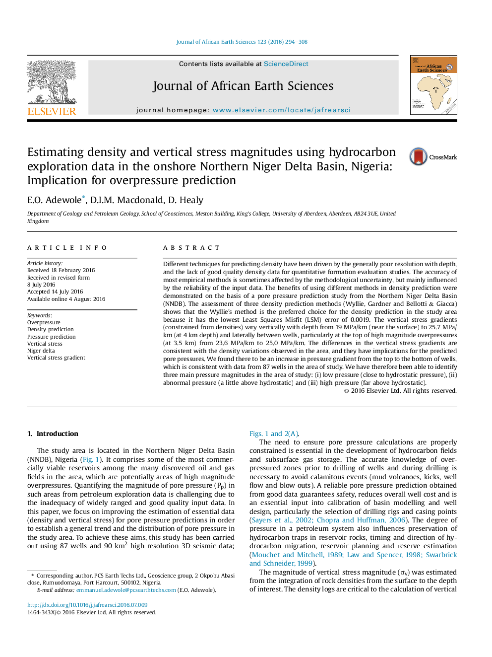عکس صفحه اول مقاله: Estimating density and vertical stress magnitudes using hydrocarbon exploration data in the onshore Northern Niger Delta Basin, Nigeria: Implication for overpressure prediction Estimating density and vertical stress magnitudes using hydrocarbon exploration data in the onshore Northern Niger Delta Basin, Nigeria: Implication for overpressure prediction