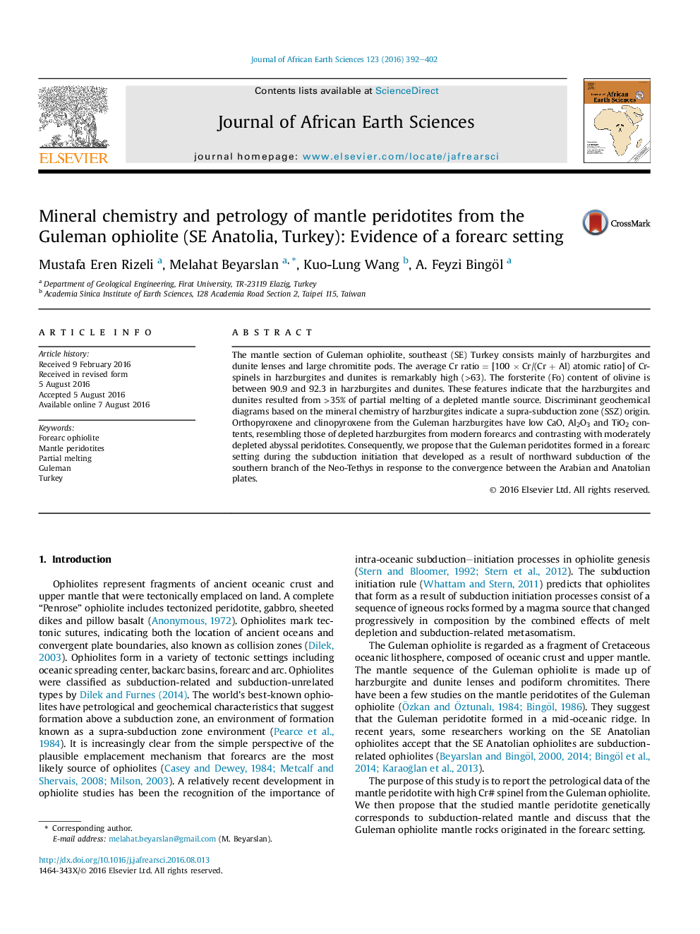 Mineral chemistry and petrology of mantle peridotites from the Guleman ophiolite (SE Anatolia, Turkey): Evidence of a forearc setting