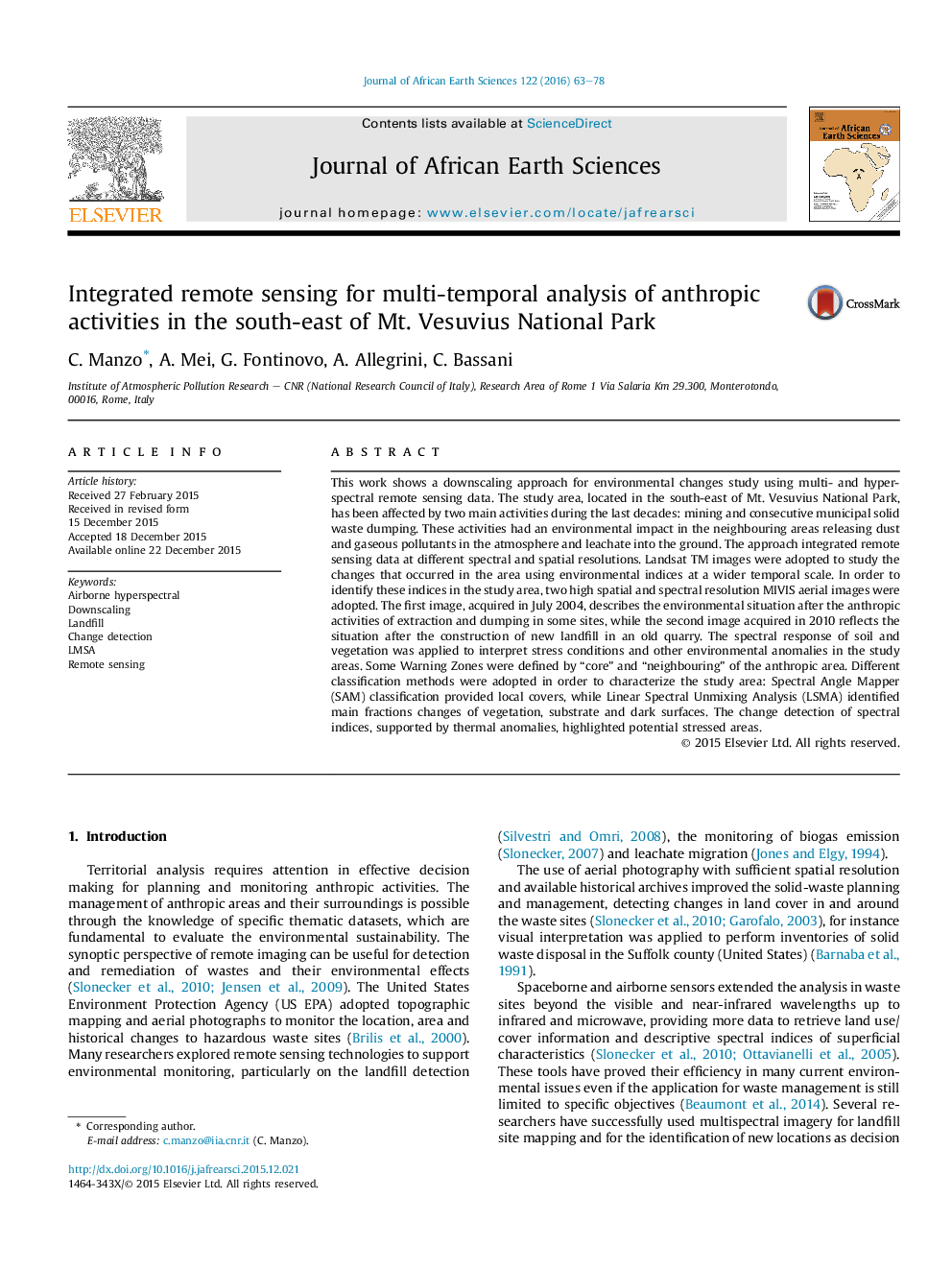 Integrated remote sensing for multi-temporal analysis of anthropic activities in the south-east of Mt. Vesuvius National Park