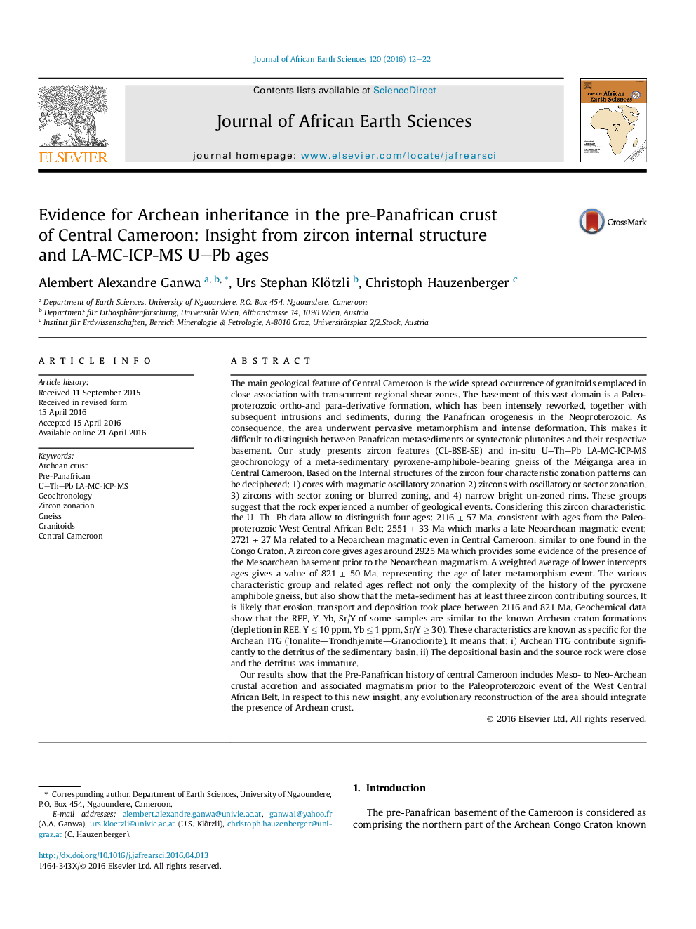 Evidence for Archean inheritance in the pre-Panafrican crust of Central Cameroon: Insight from zircon internal structure and LA-MC-ICP-MS UPb ages