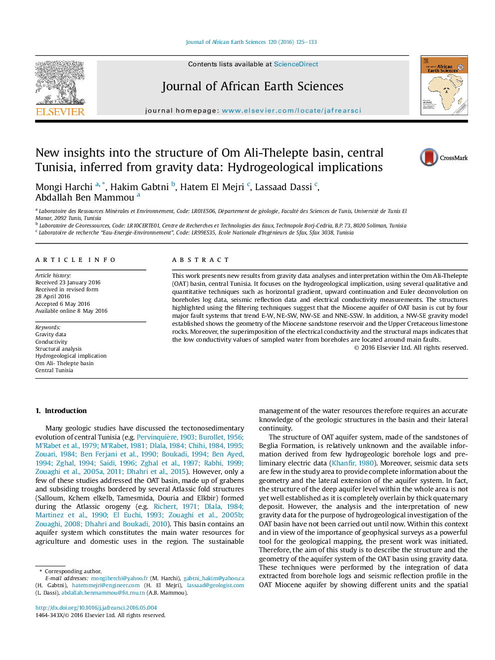 New insights into the structure of Om Ali-Thelepte basin, central Tunisia, inferred from gravity data: Hydrogeological implications