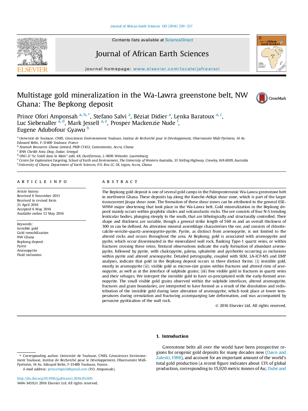 Multistage gold mineralization in the Wa-Lawra greenstone belt, NW Ghana: The Bepkong deposit