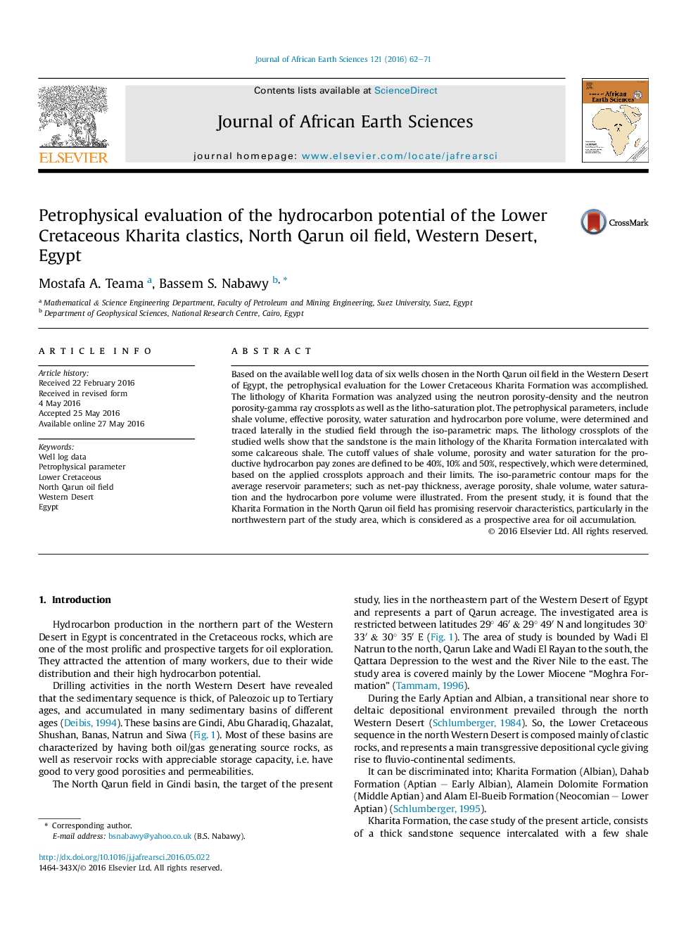 ارزیابی پتروفیزیک پتانسیل هیدروکربن کلاسیکهای خراطی خراسان، میدان نفتی شمالقرن، صحرای غربی، مصر 