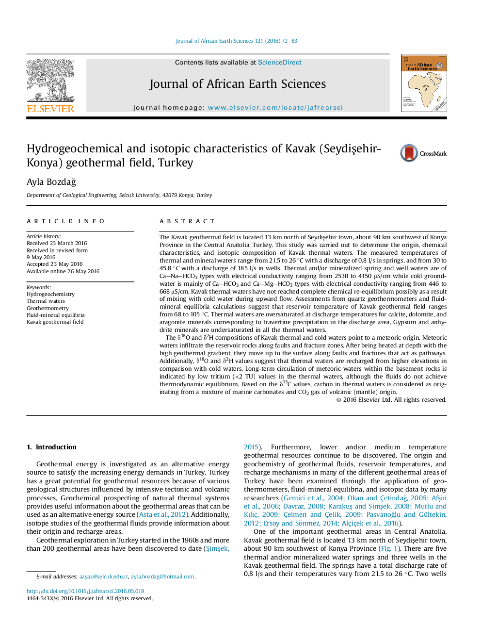 Hydrogeochemical and isotopic characteristics of Kavak (Seydişehir-Konya) geothermal field, Turkey