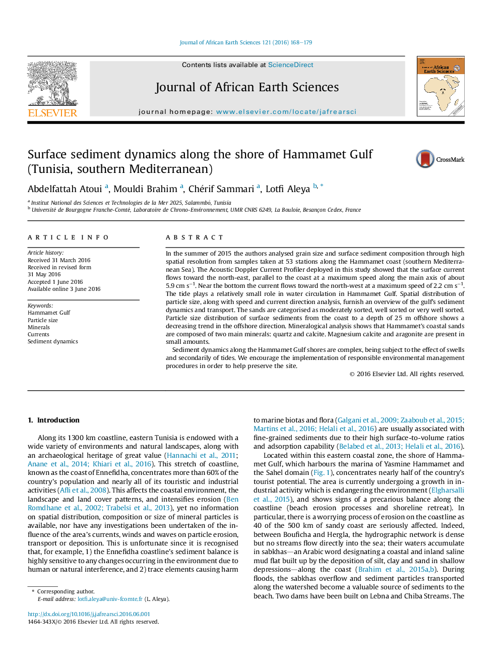 Surface sediment dynamics along the shore of Hammamet Gulf (Tunisia, southern Mediterranean)